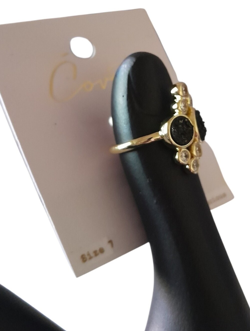 Covet Black Druzy Quartz Gold Cluster Statement Cocktail Ring Raw Mineral Size 7 - Picture 4 of 6
